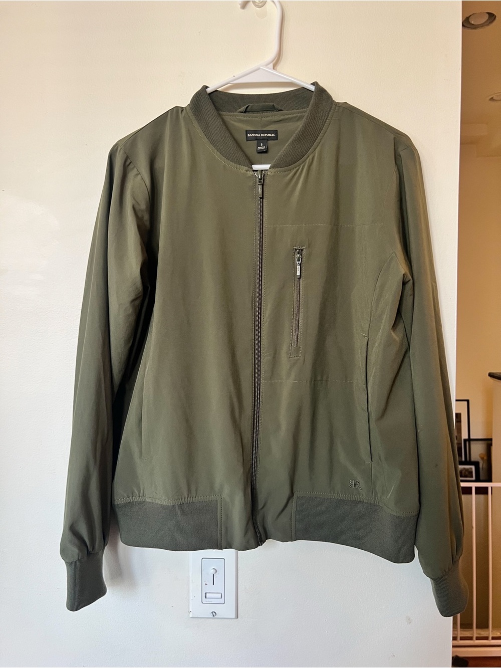Banana Republic Olive Green Bomber Jacket Women's S Zip Chest Pocket Stretch